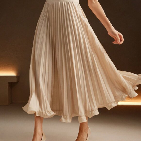 Apricot Elegant Women's Color Pleated Woven Ruffle Hem Skirt - Picture 5 of 7